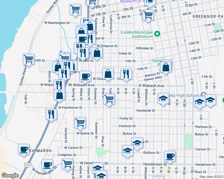 map of restaurants, bars, coffee shops, grocery stores, and more near 1823 California Street in Eureka