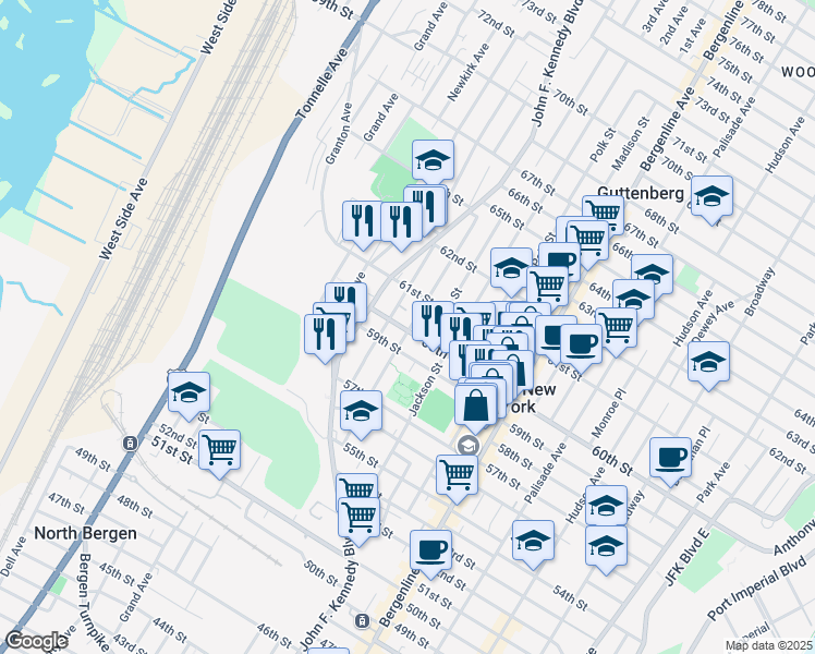 map of restaurants, bars, coffee shops, grocery stores, and more near 620 60th Street in West New York