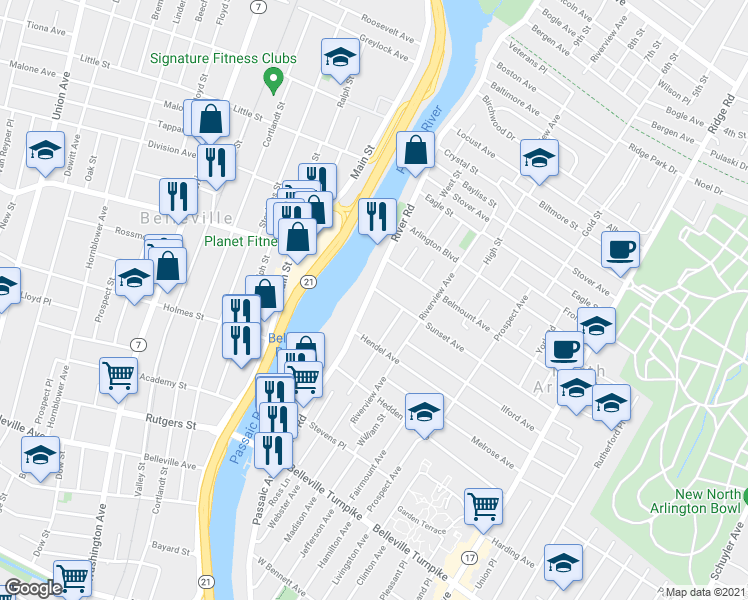 map of restaurants, bars, coffee shops, grocery stores, and more near 170 River Road in North Arlington