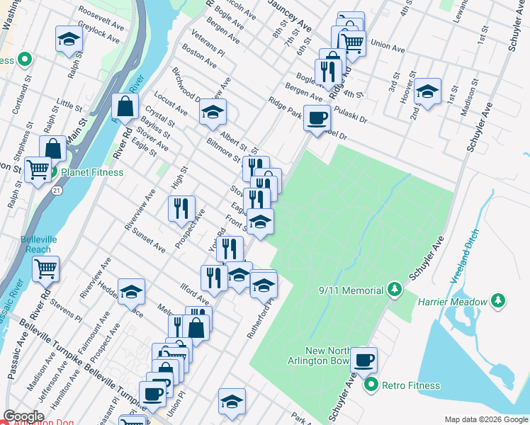 map of restaurants, bars, coffee shops, grocery stores, and more near 293 Ridge Road in North Arlington