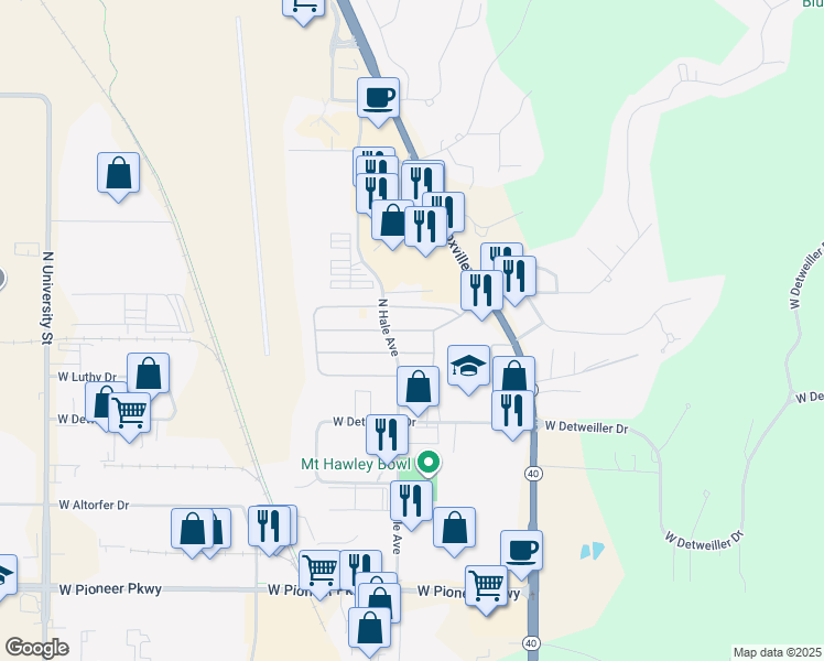 map of restaurants, bars, coffee shops, grocery stores, and more near 900-1098 West Inverness Street in Peoria