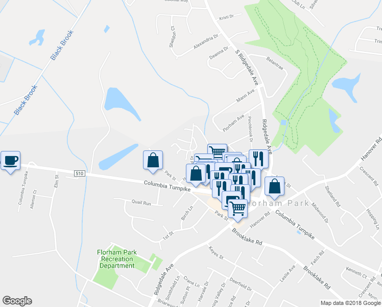 map of restaurants, bars, coffee shops, grocery stores, and more near Hearthwood Dr in Florham Park