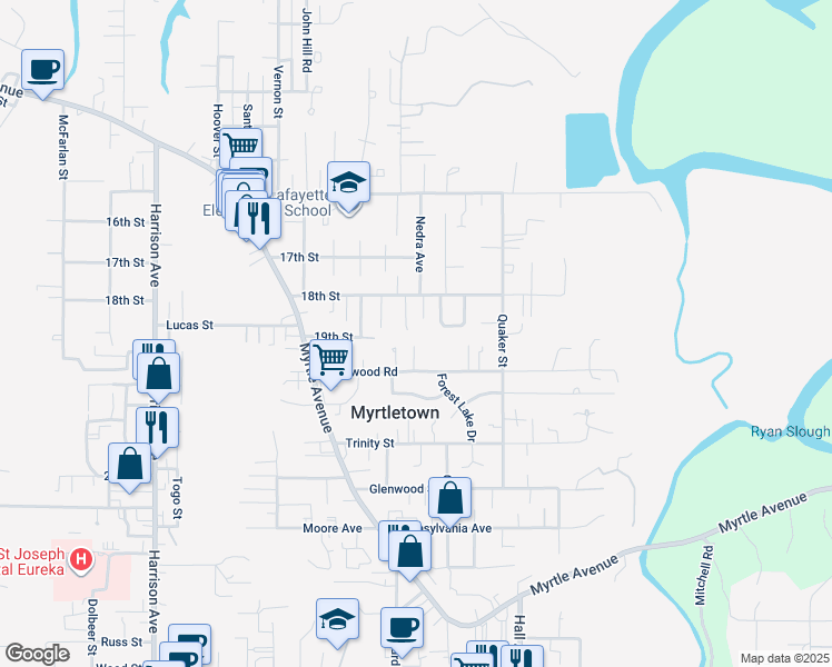 map of restaurants, bars, coffee shops, grocery stores, and more near 1849 Montecito Way in Eureka
