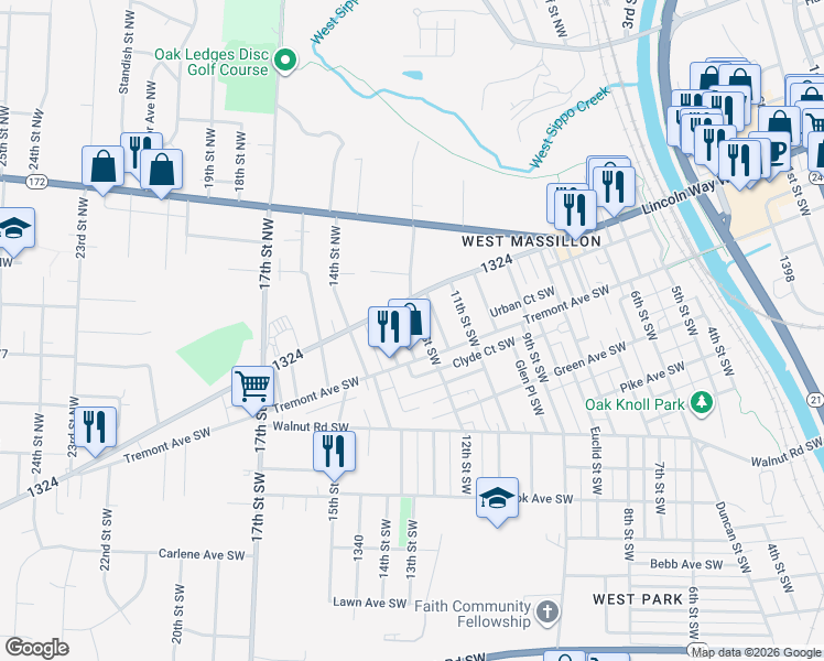 map of restaurants, bars, coffee shops, grocery stores, and more near 33 12th Street Southwest in Massillon