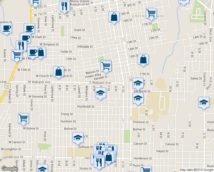map of restaurants, bars, coffee shops, grocery stores, and more near 1818 F Street in Eureka