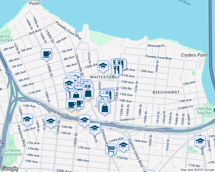 map of restaurants, bars, coffee shops, grocery stores, and more near 152-29 12th Road in Queens