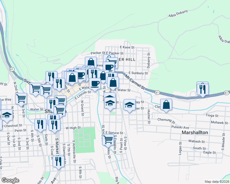 map of restaurants, bars, coffee shops, grocery stores, and more near 417 North Shamokin Street in Shamokin