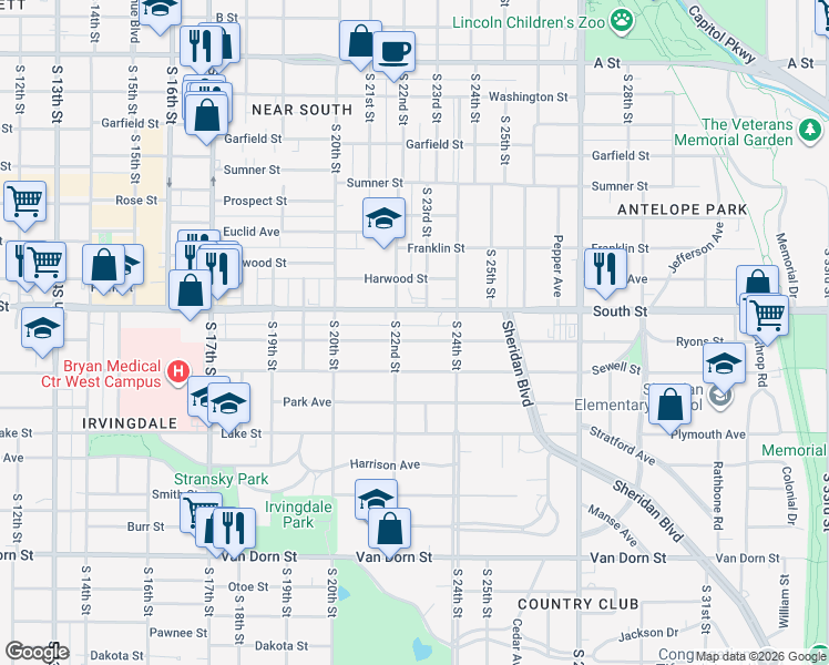 map of restaurants, bars, coffee shops, grocery stores, and more near 2248 Ryons Street in Lincoln