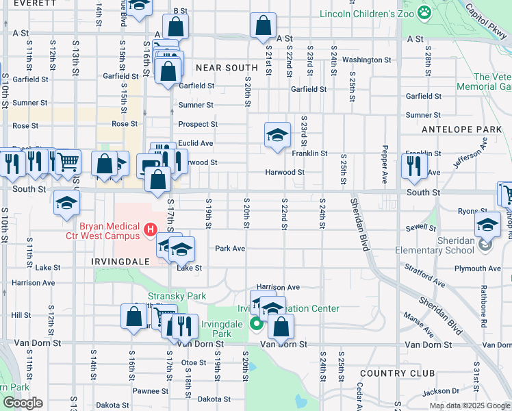 map of restaurants, bars, coffee shops, grocery stores, and more near 2020 Ryons Street in Lincoln