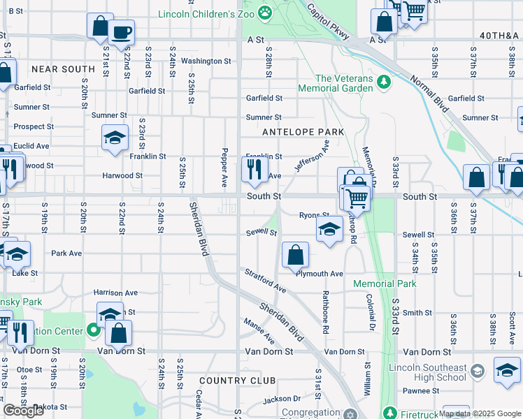 map of restaurants, bars, coffee shops, grocery stores, and more near 2812 Ryons Street in Lincoln