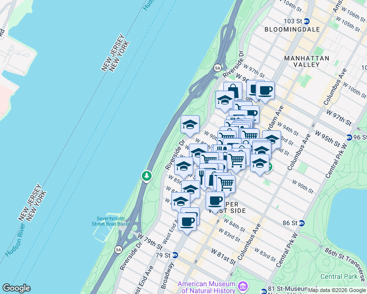 map of restaurants, bars, coffee shops, grocery stores, and more near 341 West 88th Street in New York