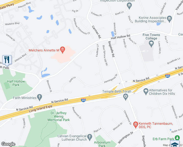 map of restaurants, bars, coffee shops, grocery stores, and more near 3 Pinebrook Court in Dix Hills