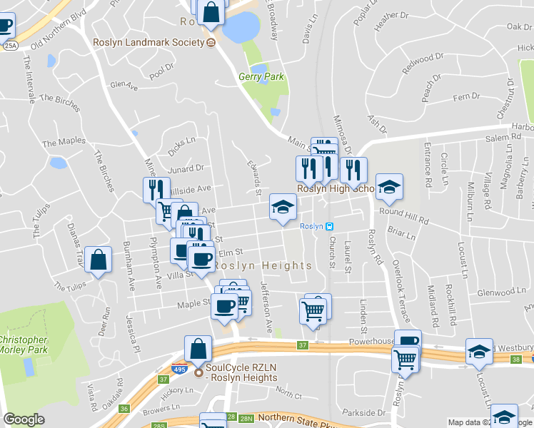 map of restaurants, bars, coffee shops, grocery stores, and more near 217 Garden Street in Roslyn Heights