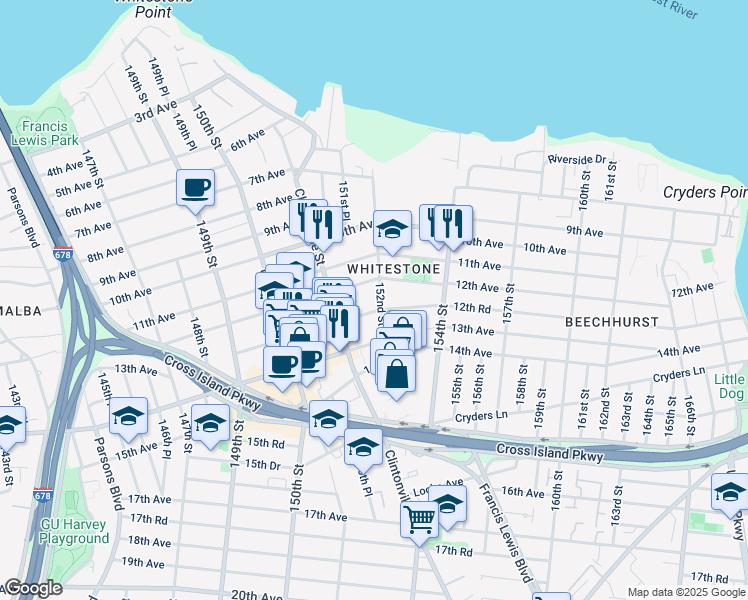 map of restaurants, bars, coffee shops, grocery stores, and more near 12-20 152nd Street in Queens