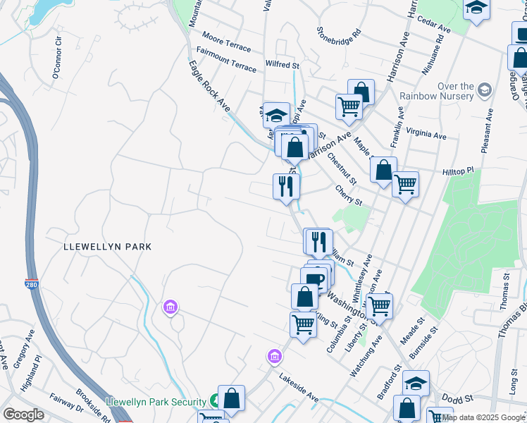 map of restaurants, bars, coffee shops, grocery stores, and more near 34 Park Terrace in West Orange