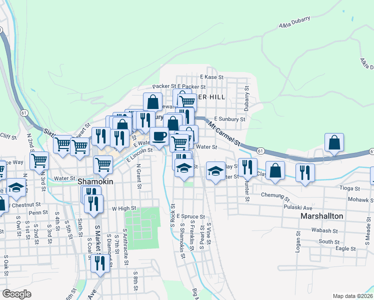 map of restaurants, bars, coffee shops, grocery stores, and more near 417 North Shamokin Street in Shamokin