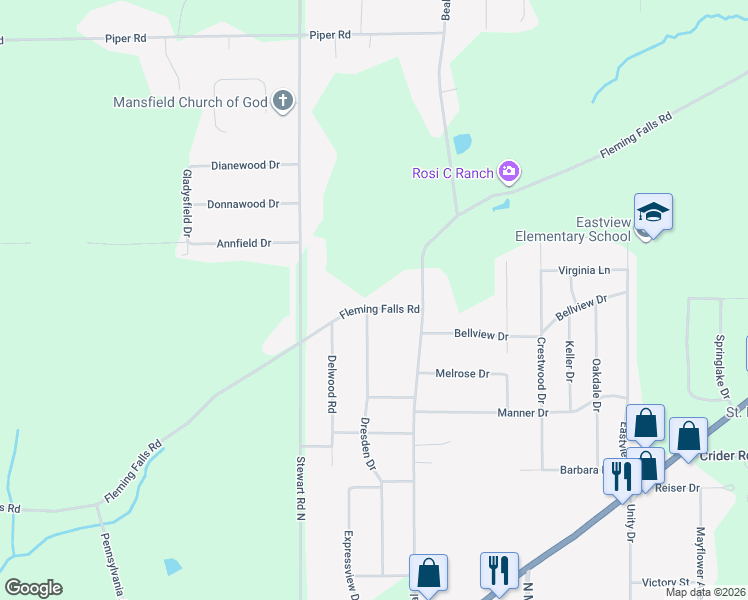 map of restaurants, bars, coffee shops, grocery stores, and more near 1161 Fleming Falls Road in Mansfield