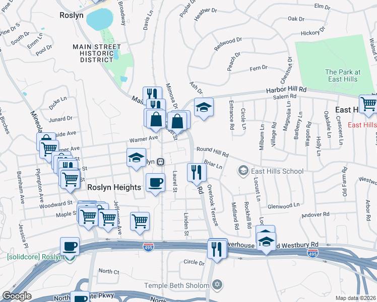 map of restaurants, bars, coffee shops, grocery stores, and more near 12 Orchard Court in Roslyn Heights