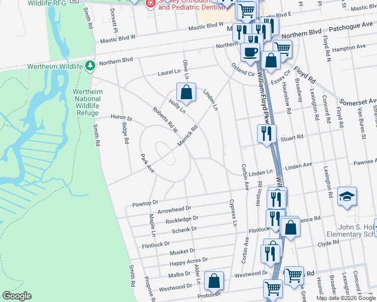 map of restaurants, bars, coffee shops, grocery stores, and more near Rose Executive Boulevard in Shirley