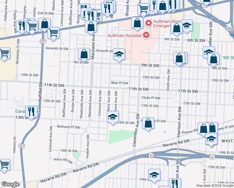 map of restaurants, bars, coffee shops, grocery stores, and more near 1121 Homewood Avenue Southwest in Canton