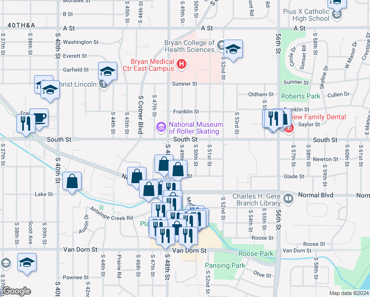 map of restaurants, bars, coffee shops, grocery stores, and more near 2126 South 49th Street in Lincoln