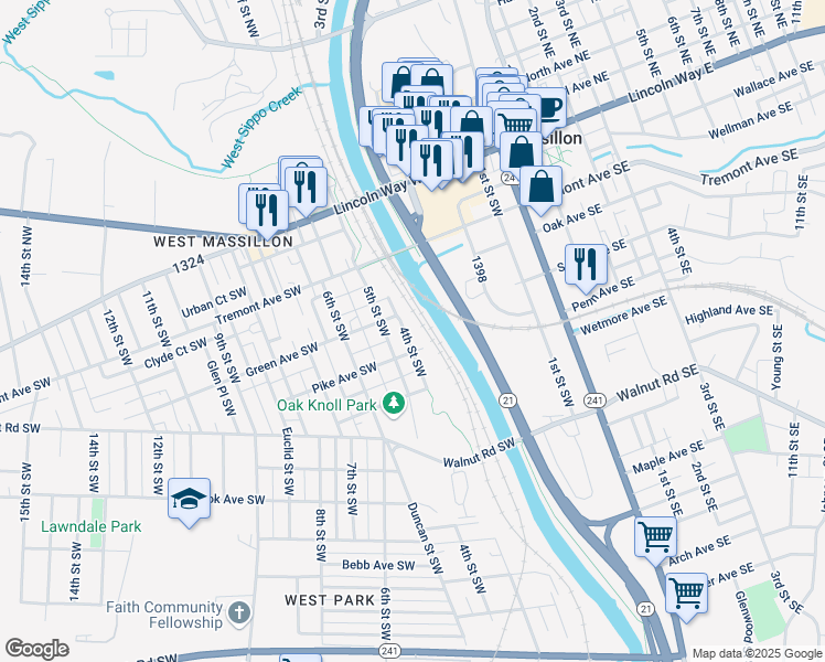 map of restaurants, bars, coffee shops, grocery stores, and more near 422 4th Street Southwest in Massillon
