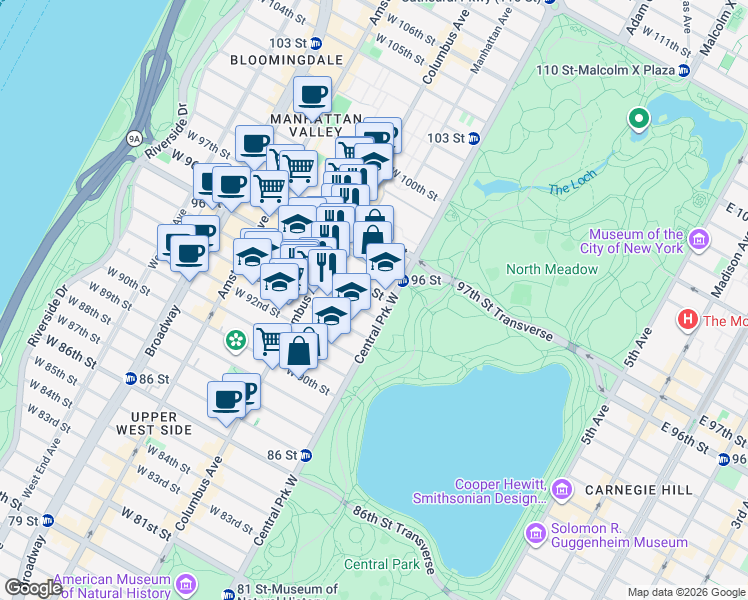 map of restaurants, bars, coffee shops, grocery stores, and more near 8 West 95th Street in New York