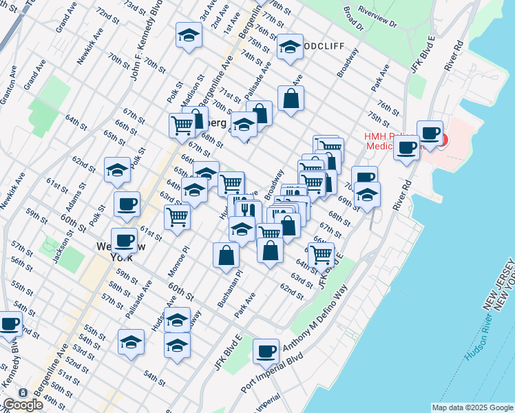 map of restaurants, bars, coffee shops, grocery stores, and more near 6600 Broadway in West New York