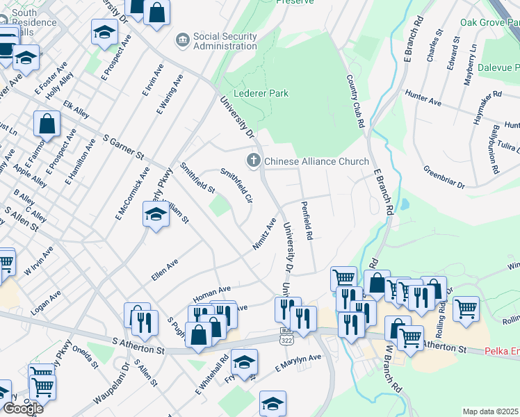 map of restaurants, bars, coffee shops, grocery stores, and more near 1116-1234 Smithfield Circle in State College