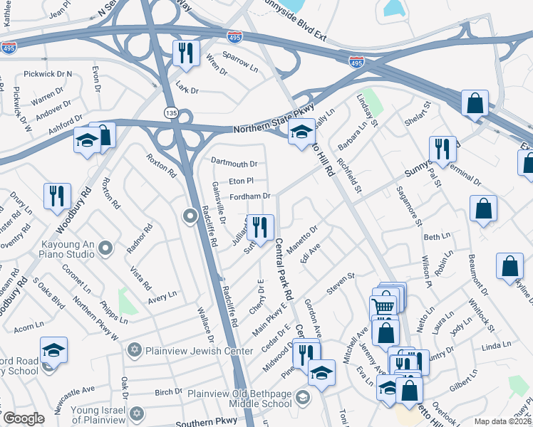 map of restaurants, bars, coffee shops, grocery stores, and more near 144 Sutton Drive in Plainview