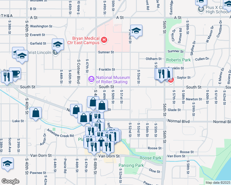 map of restaurants, bars, coffee shops, grocery stores, and more near 2126 S 50th St in Lincoln