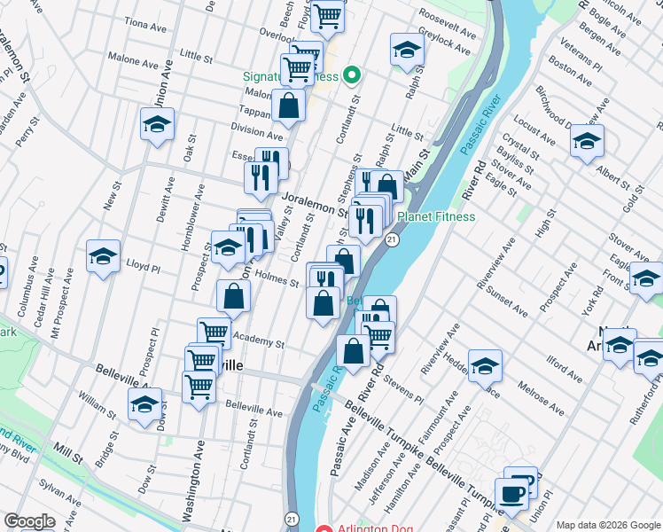 map of restaurants, bars, coffee shops, grocery stores, and more near 309 Main Street in Belleville