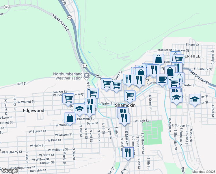 map of restaurants, bars, coffee shops, grocery stores, and more near 814 North 6th Street in Shamokin