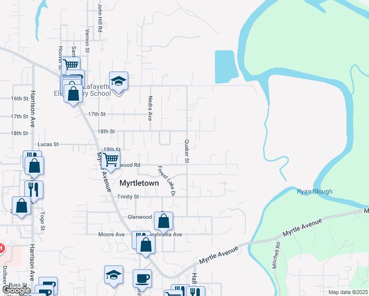 map of restaurants, bars, coffee shops, grocery stores, and more near 1906 Quaker Street in Eureka