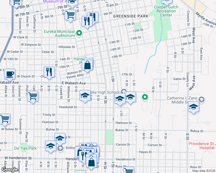 map of restaurants, bars, coffee shops, grocery stores, and more near 1813 H Street in Eureka