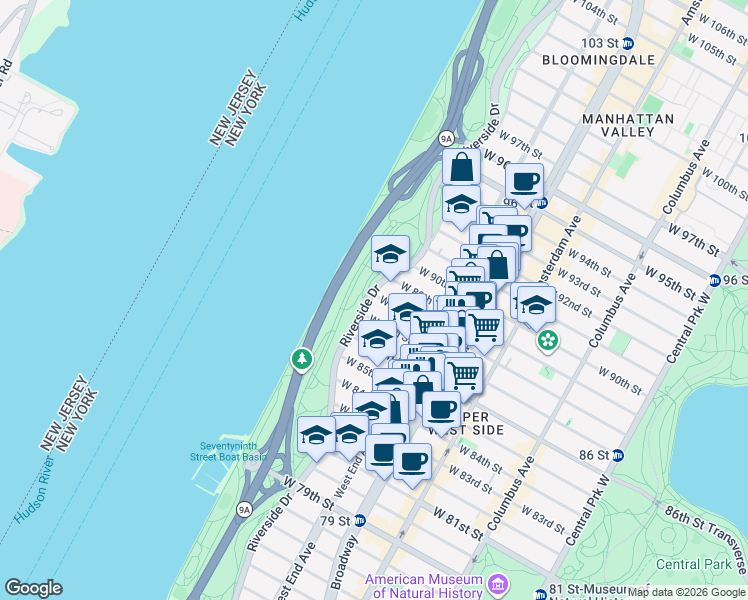 map of restaurants, bars, coffee shops, grocery stores, and more near 155 Riverside Drive in New York