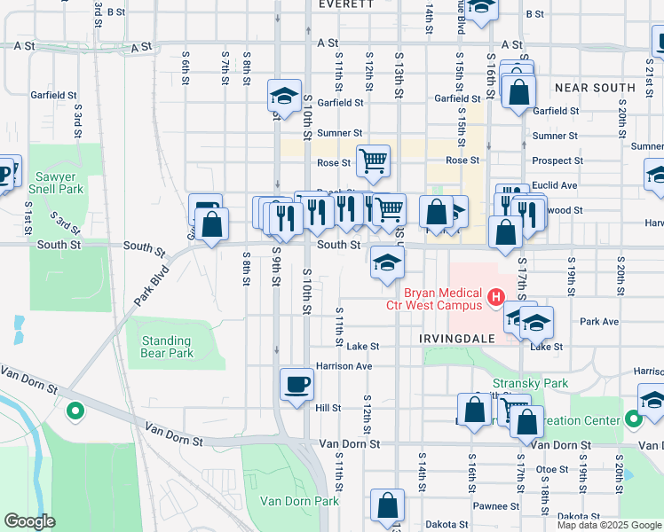 map of restaurants, bars, coffee shops, grocery stores, and more near 1001 South Street in Lincoln