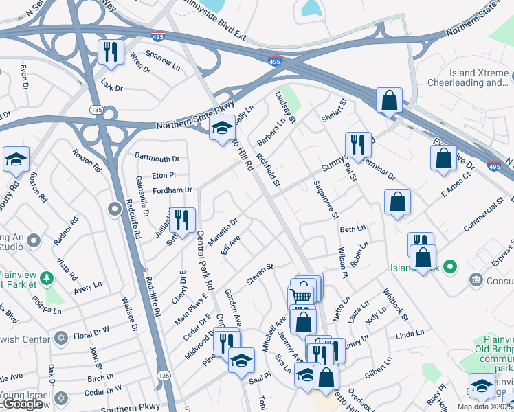 map of restaurants, bars, coffee shops, grocery stores, and more near 7 Manetto Drive in Plainview