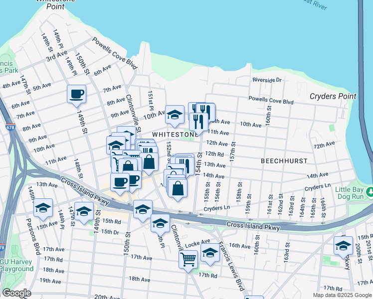 map of restaurants, bars, coffee shops, grocery stores, and more near 152-29 12th Road in Queens