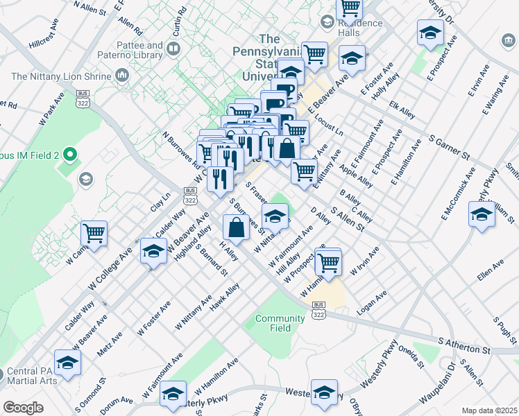 map of restaurants, bars, coffee shops, grocery stores, and more near 51 West Foster Avenue in State College