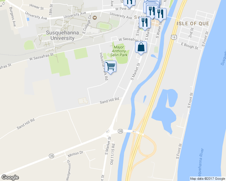 map of restaurants, bars, coffee shops, grocery stores, and more near 616 South High Street in Selinsgrove