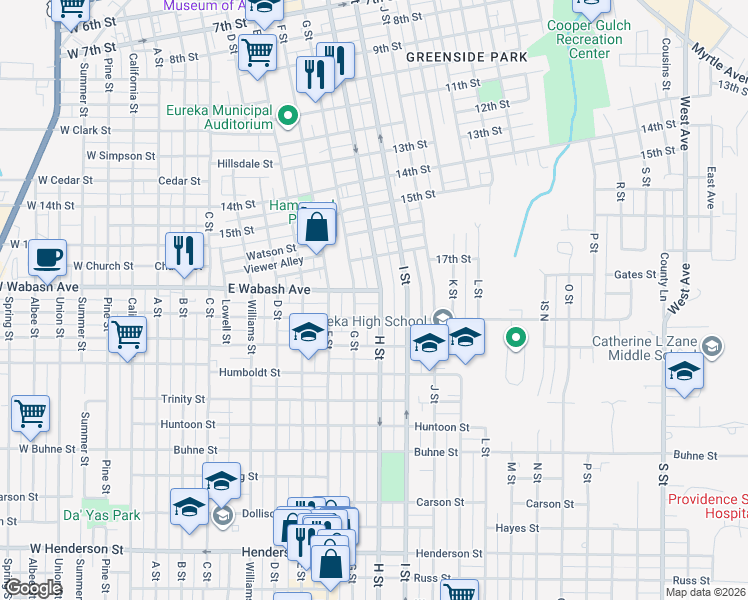 map of restaurants, bars, coffee shops, grocery stores, and more near 1813 H Street in Eureka