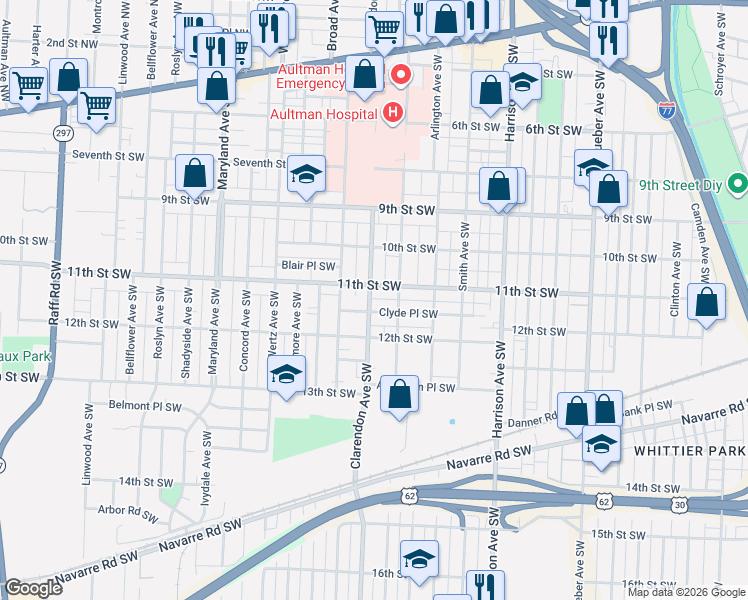 map of restaurants, bars, coffee shops, grocery stores, and more near 1114 Clarendon Avenue Southwest in Canton