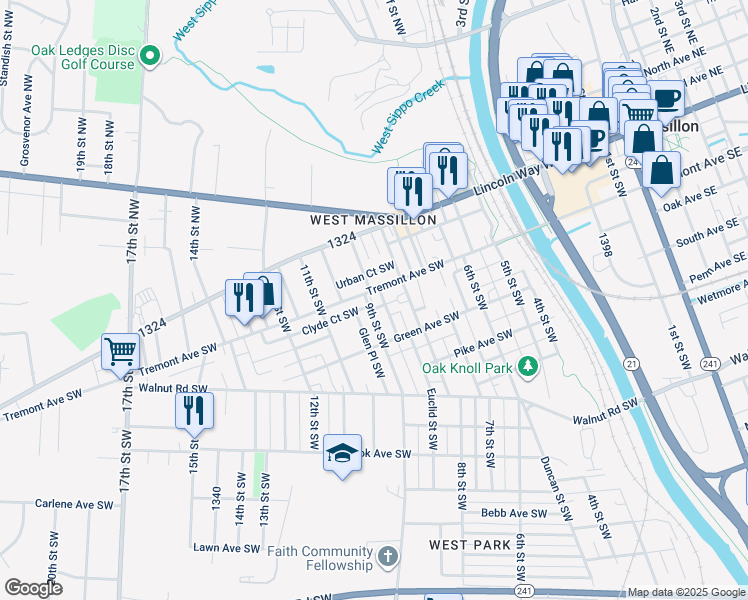 map of restaurants, bars, coffee shops, grocery stores, and more near 841 Tremont Ave SW in Massillon