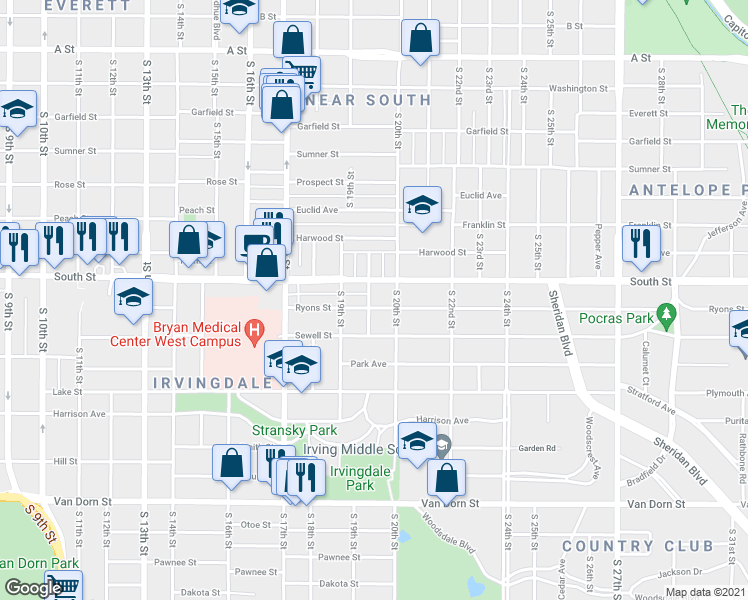 map of restaurants, bars, coffee shops, grocery stores, and more near 1950 Ryons Street in Lincoln