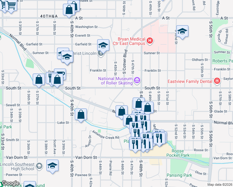 map of restaurants, bars, coffee shops, grocery stores, and more near 2101 South Cotner Boulevard in Lincoln