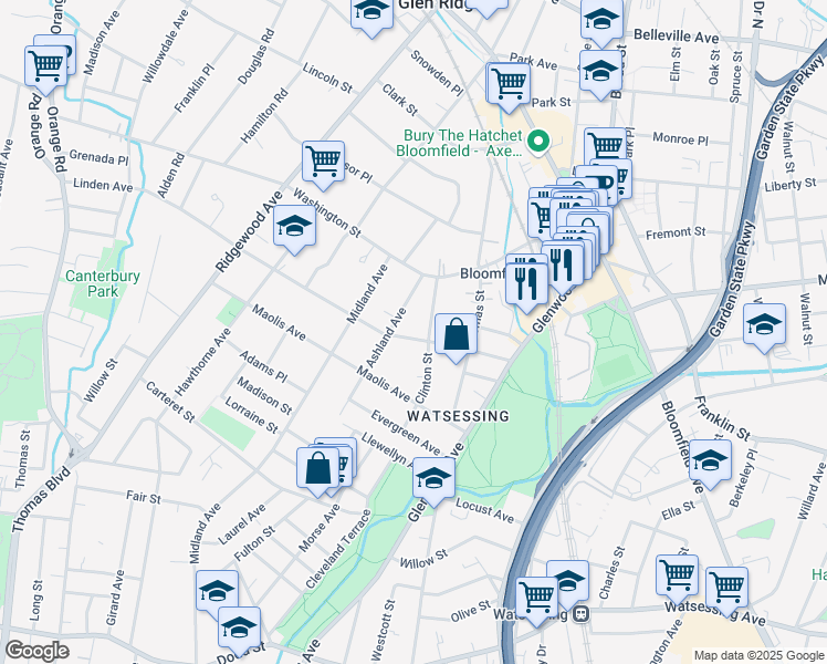 map of restaurants, bars, coffee shops, grocery stores, and more near 87 Linden Avenue in Bloomfield