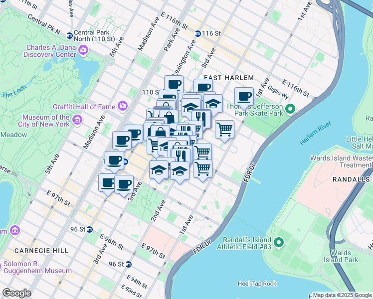 map of restaurants, bars, coffee shops, grocery stores, and more near 2065 2nd Avenue in New York