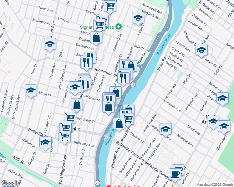 map of restaurants, bars, coffee shops, grocery stores, and more near 309 Main Street in Belleville