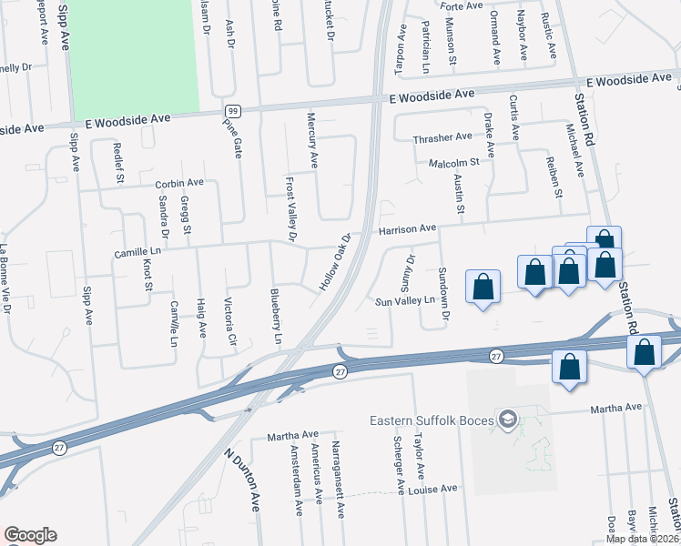 map of restaurants, bars, coffee shops, grocery stores, and more near 11 Hollow Oak Drive in East Patchogue